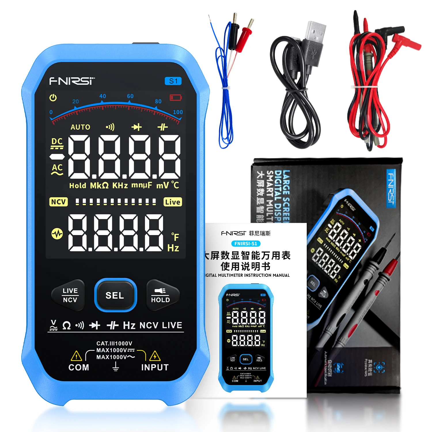 FNIRSI S1 9999 Counts Smart Digital Multimeter AC DC Voltage Resistance Capacitance Diode Professional Electrician Tester