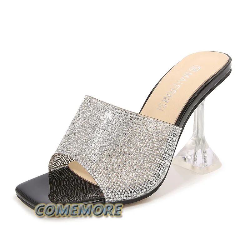 2024 New Silver Crystal Square Toe Women Slippers Summer Sandals Fashion Metal Strange High Heel Party Female Shoes Mules Slides