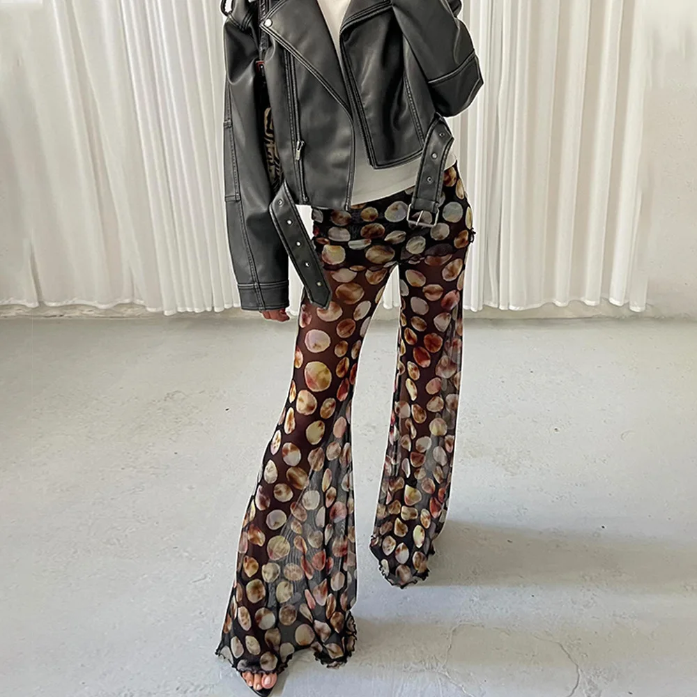 Women's Pants Clothing New Fashionable And Sexy Leopard Print Transparent Mesh Print Trousers For Women High Waist Bootcut Pants