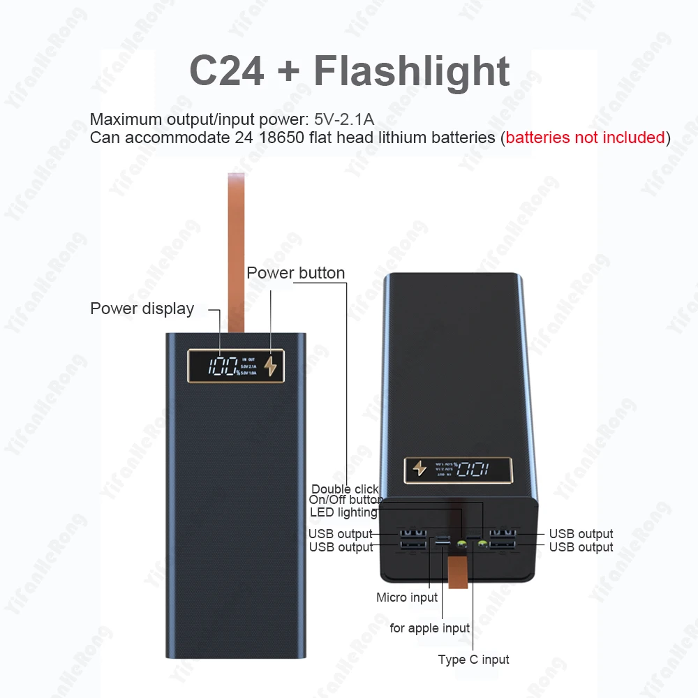 18650 Battery Power Bank Case Charger Box Holder C24 Dual USB LCD Display Support Quick Wireless Charger Battery Shell Storage