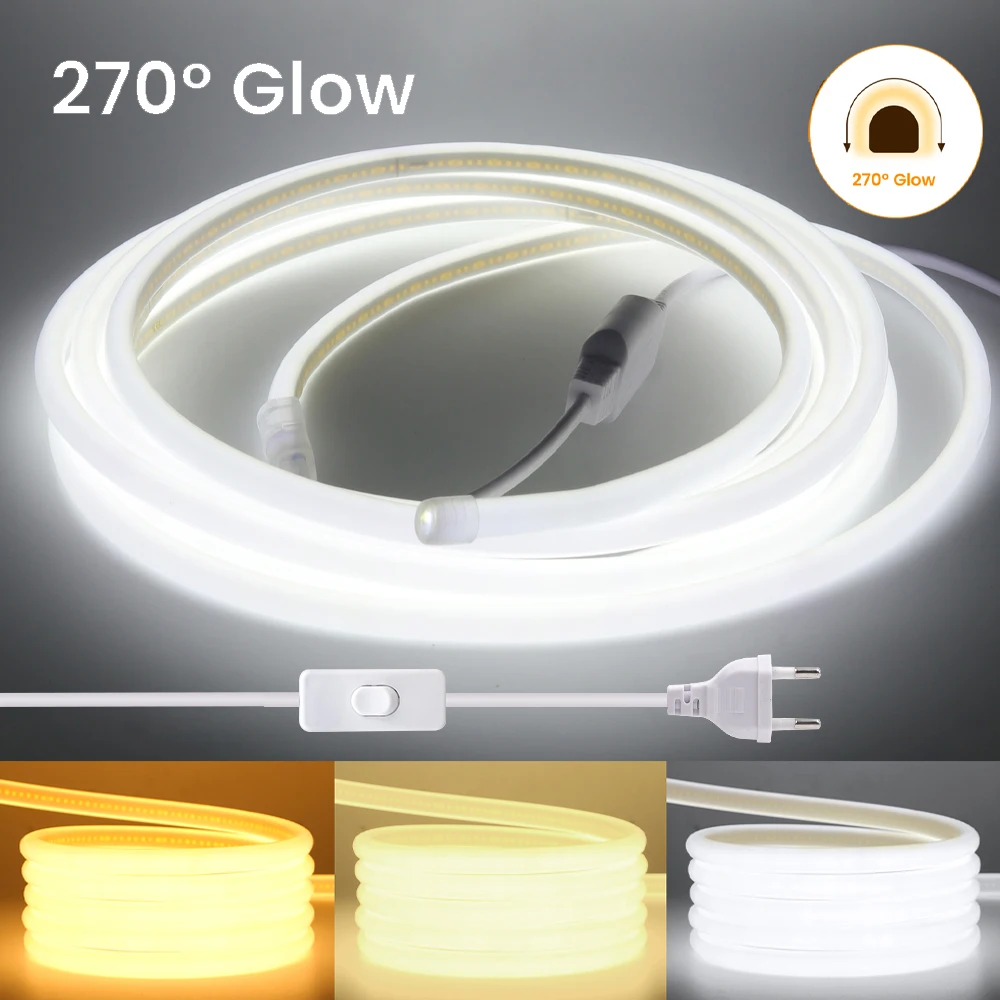 Switch 220V COB LED Strip Light 270° Glow 288LEDs IP67 Waterproof ON/OFF EU Plug Home Decor Flexible Neon Lamp 3000K 4000K 6000K
