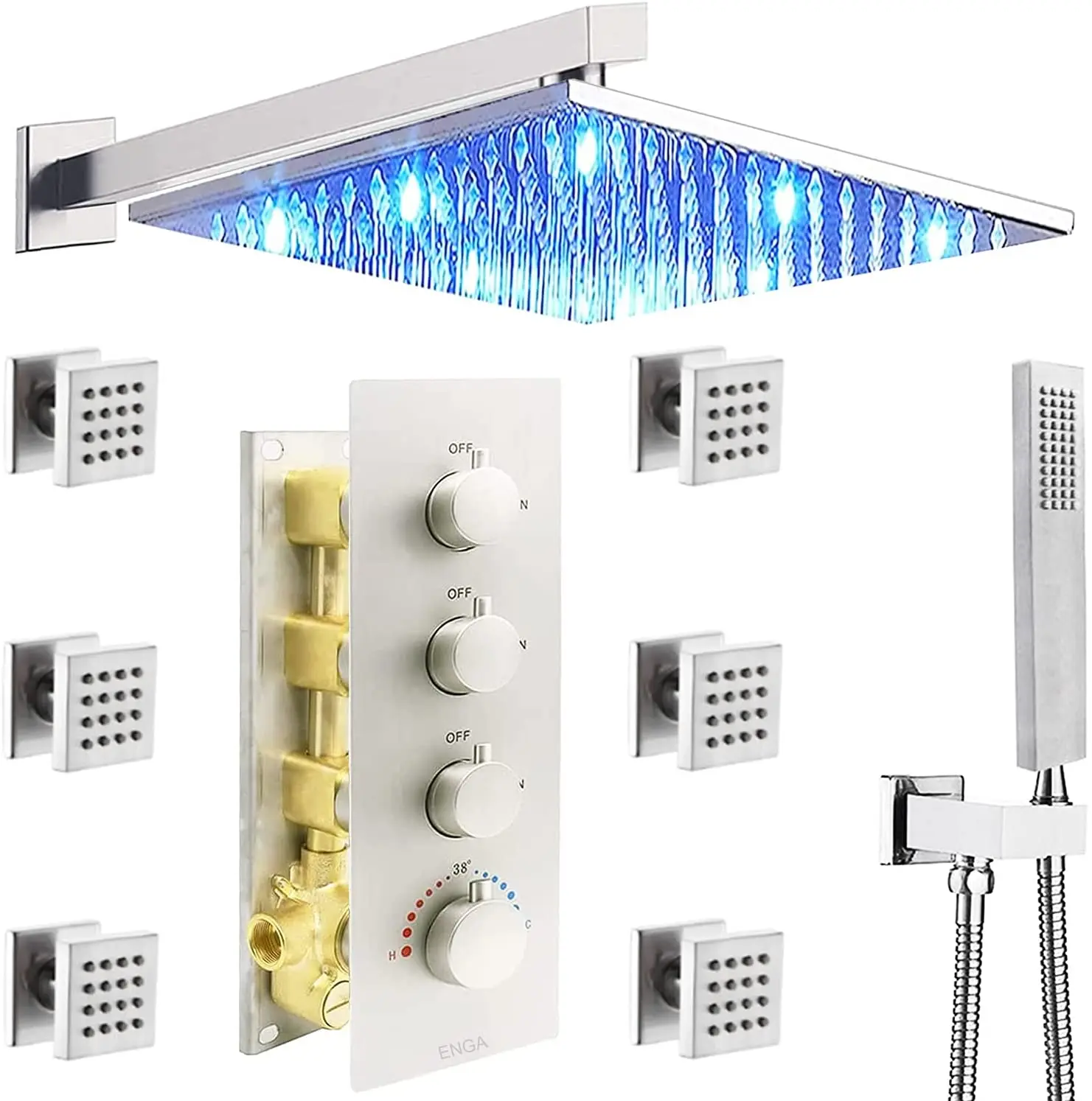 Brass Complete Set Bathroom Brushed Nickel Waterfall Thermostatic LED Wall Mount Rainfall Massage Jet Modern Handheld Shower