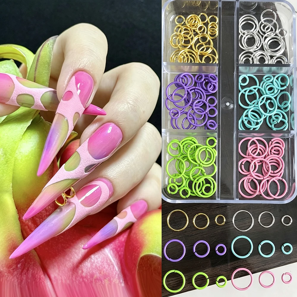 6Grids 3D Dopamine Ring Rivet Nail Charms Y2K Hollowed-Out Circle Nails Art Decorations Punk Piercing Studs Manicure Accessories