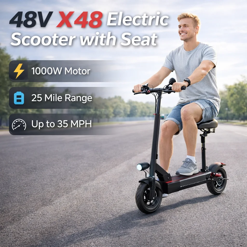 

Электросамокат 48V X48 с сиденьем, мотор 1000W, максимальная скорость 35 миль/ч, портативный, складной, с тормозами EABS, LCD-дисплей, 10-дюймовые шины