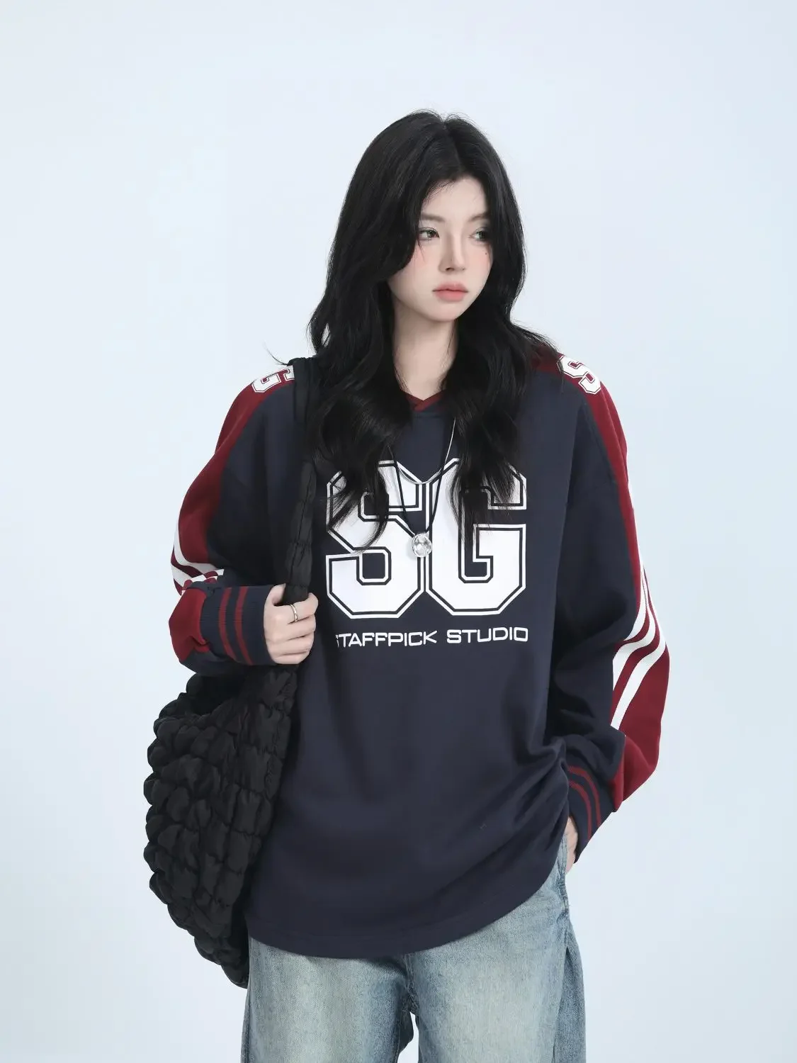 American Retro Color Blocked Sports Tops Long Raglan Sleeves V-neck Sweatshirt Baseball Letter Printed Loose Oversized Pullover