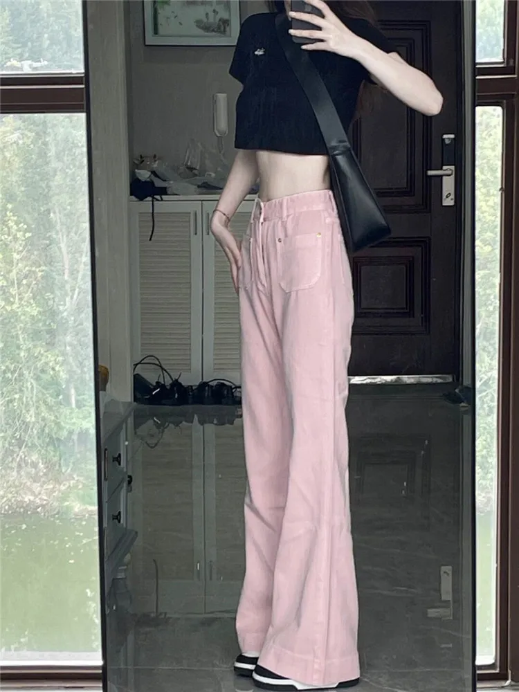 High Waist Slightly Raglan Jeans Women's Autumn New Little Man Design Sense Straight Tube Wide Leg Flare Pants High Street Ins