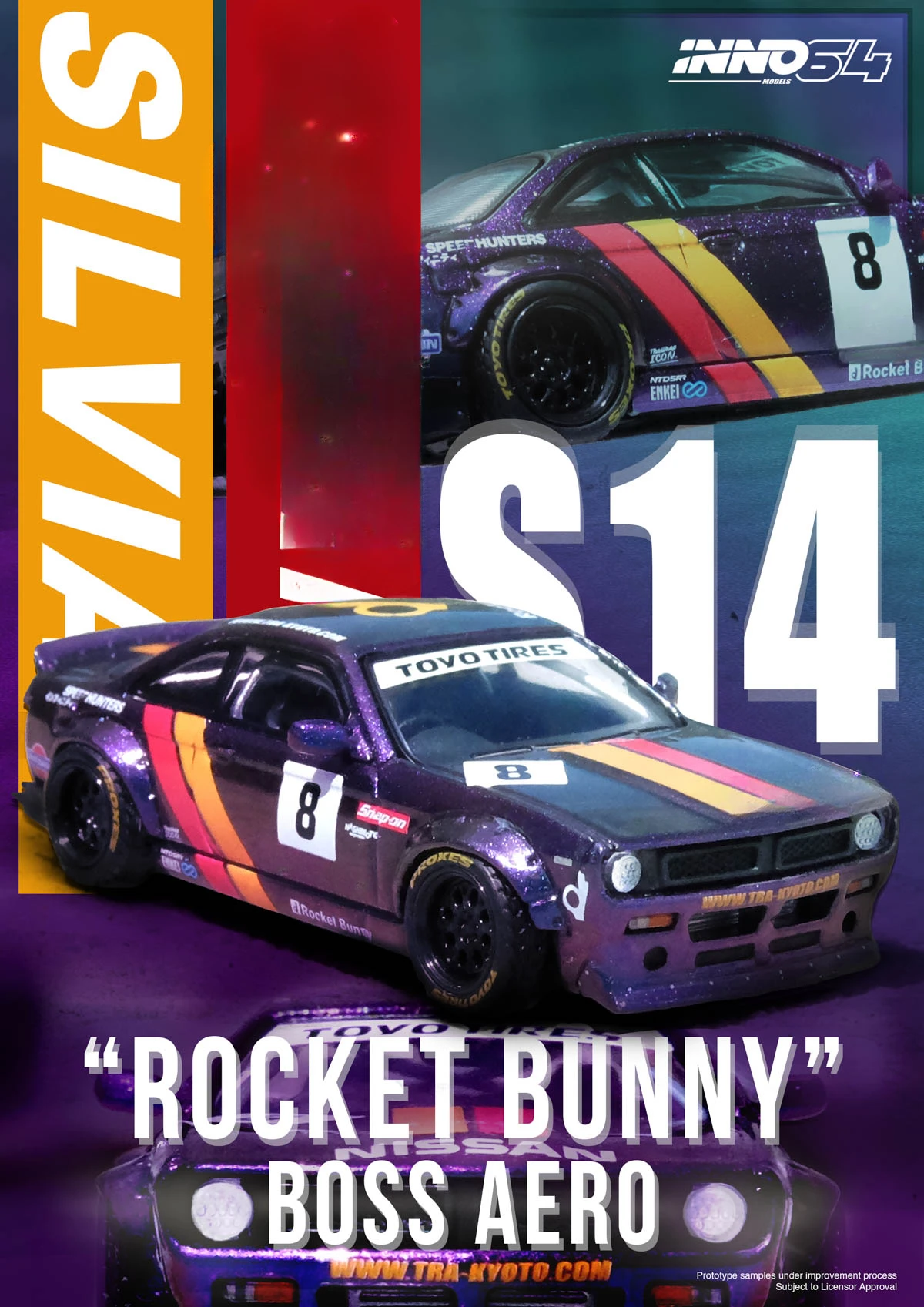 ** Pre-ordina ** INNO 1:64 SILVIA (S14) BOSS ROCKET BUNNY Purple Diecast Model Car