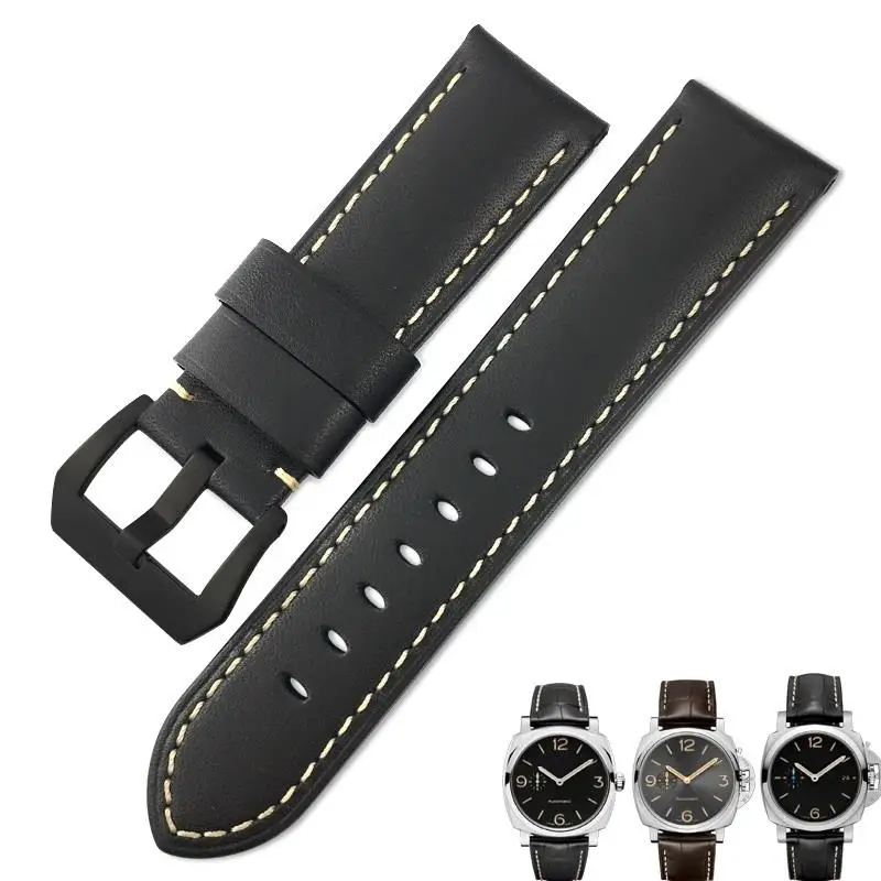 HAODEE Real Leather Calfskin 24mm Watchband Suitable For PANERAI LUMINOR Watch Strap Soft Bracelets Black Buckle Free tools