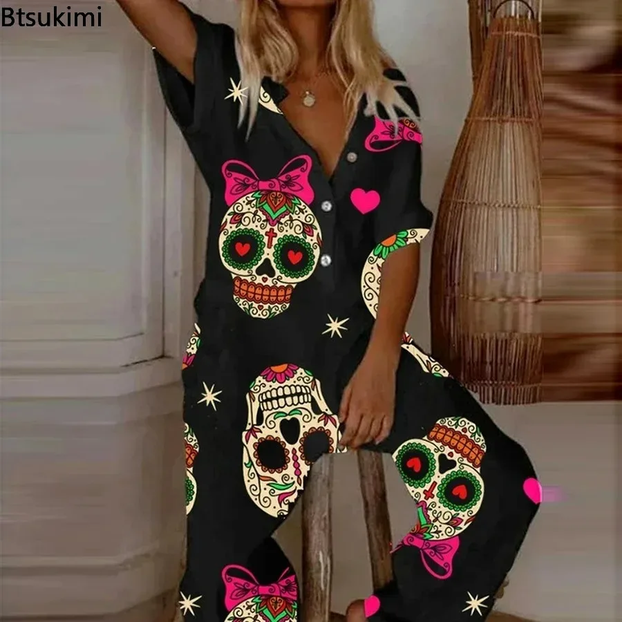 

2024 Women's Casual Spring Summer Romper Playsuit Oversized Elegant Cartoon Skull Print Jumpsuit Loose Overalls Bodysuit Female