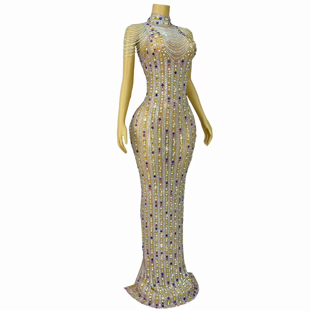 Sparkling Diamond Birthday Party Evening Gown Cocktail Sexy Sheer Mesh Celebrity Elegant Maxi Dress Luxury Dinners Ball Dress