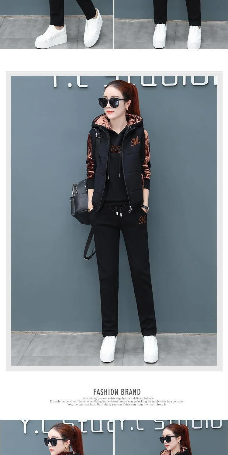 Lässige Mode für Damen, Herbst und Winter, neuer Trainingsanzug, Plüsch, verdickte Kapuzenoberteile und Weste, Hosen, dreiteilige Sets für Damen – Detail 2