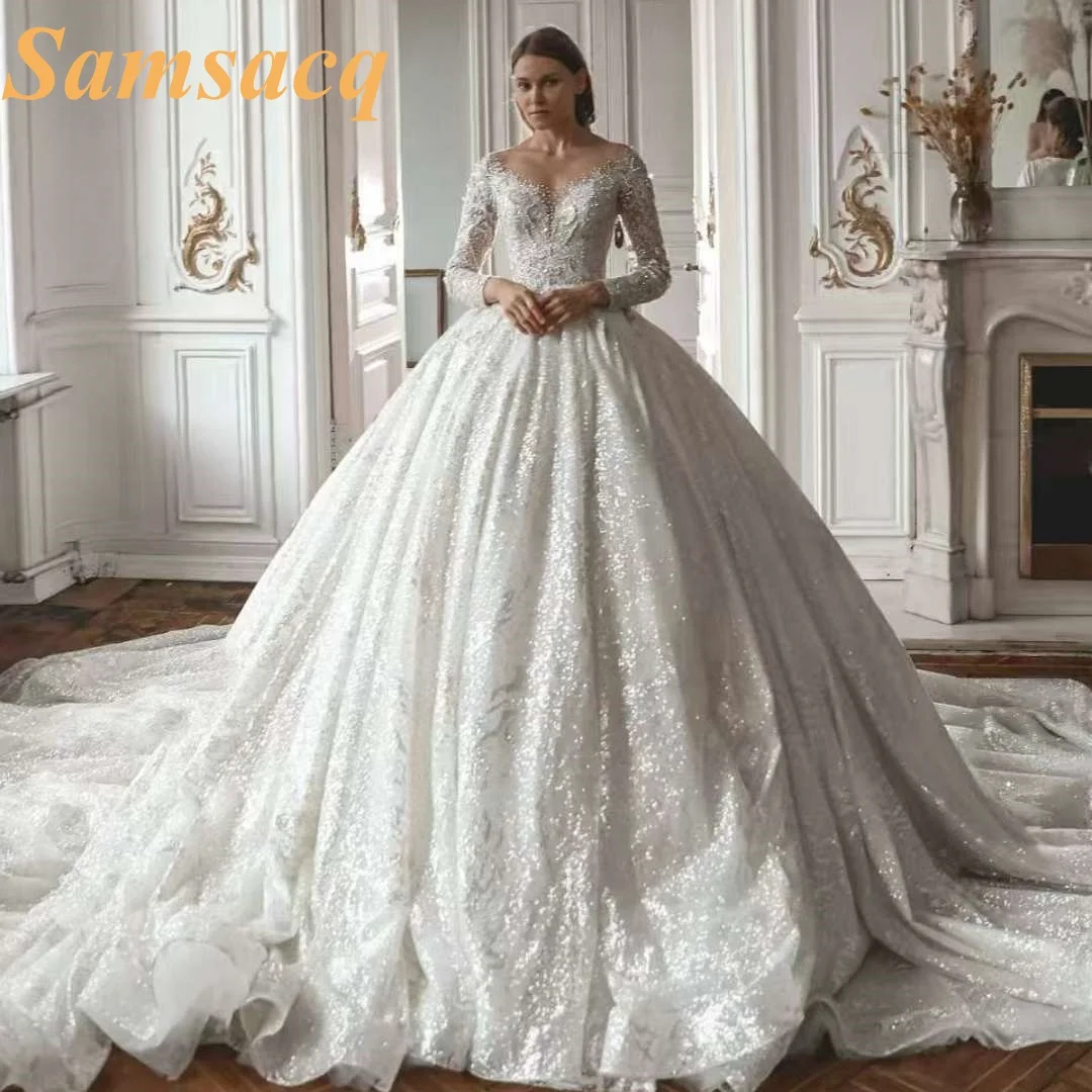 New Arrivals Long Sleeve Beads Pearls Sequins Shiny Gorgeous Ball Gown Wedding Dress With Long Chapel Train Vestido De Noiva
