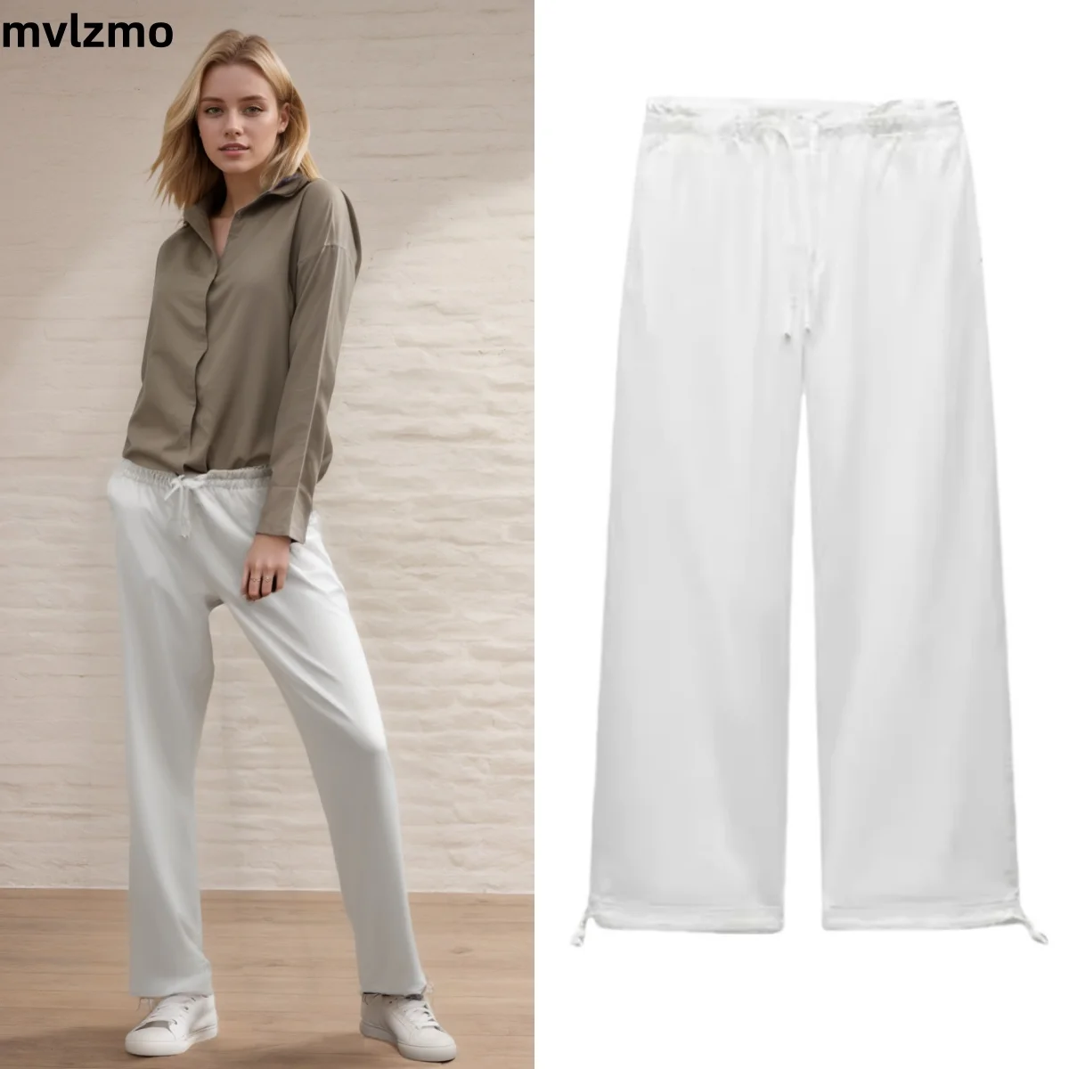 

2024 Autumn New Women's White Loose Pocket Stretch Elastic Mid Waist Bow Tie Casual Trousers