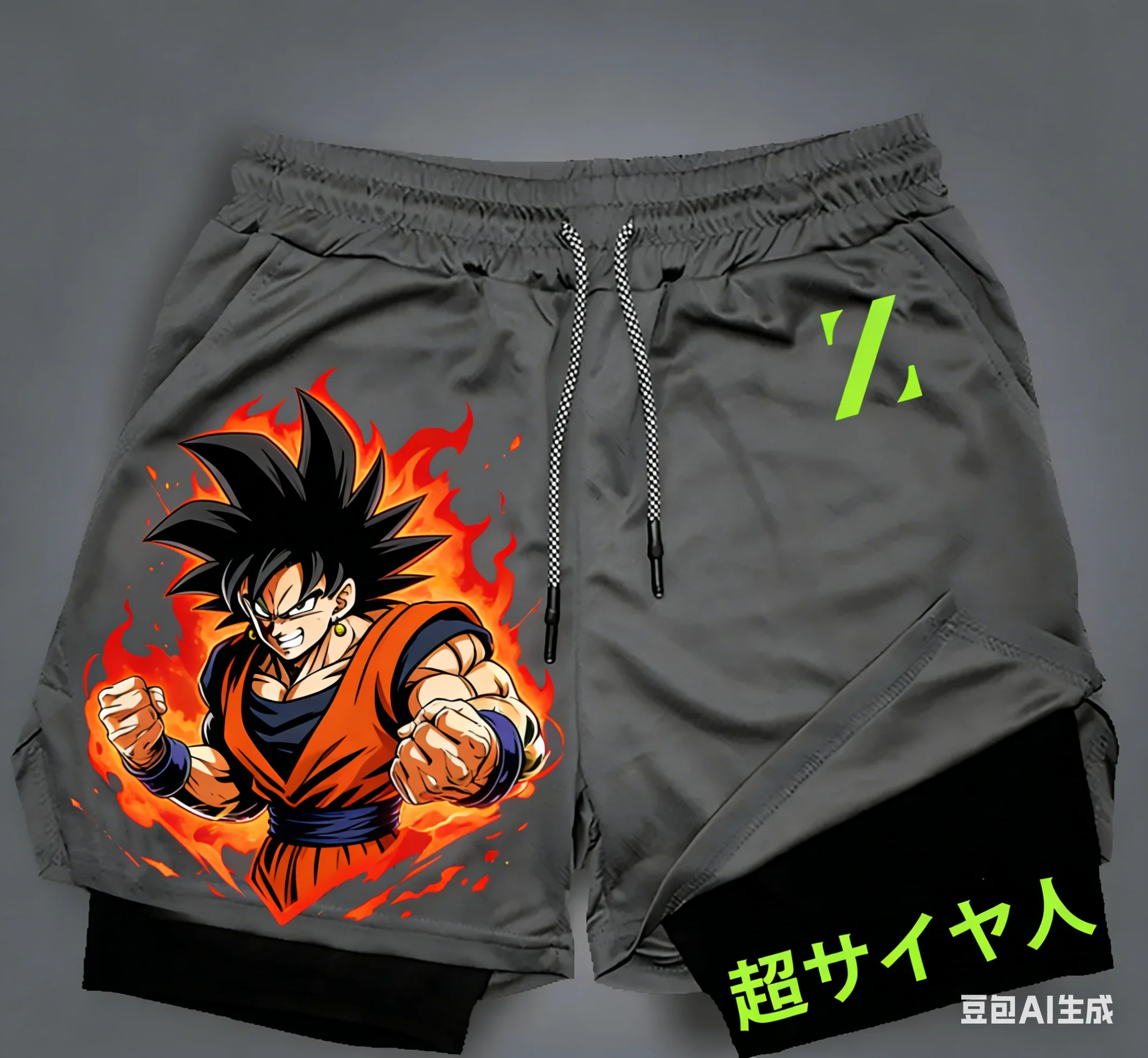 

New Dragon Ball Double-Layer Shorts for Men, Summer Trendy Brand, Loose Fake Two-Piece Sports Five-Point Shorts with Goku Print