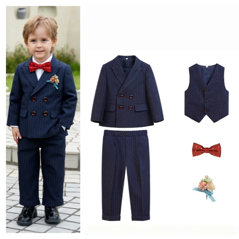 Boys Blue Striped Suit Set Kids Piano Host Speech Performance Costume Children's Birthday Wedding Party Photography Outfit