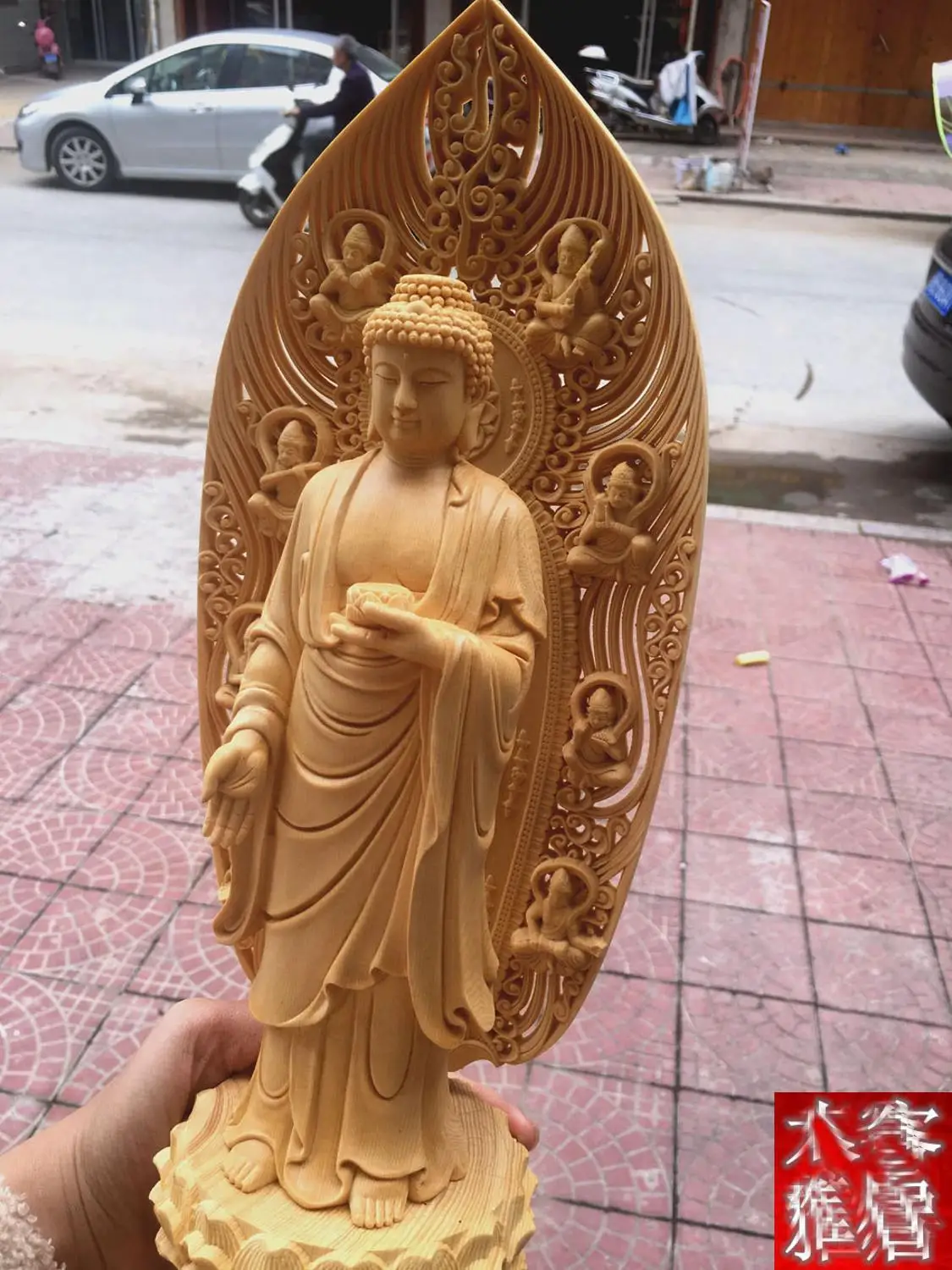 43CM Large --HOME family Ornament # TOP Handmade wood carving Sakyamuni Amitabha Medicine Buddha statue art