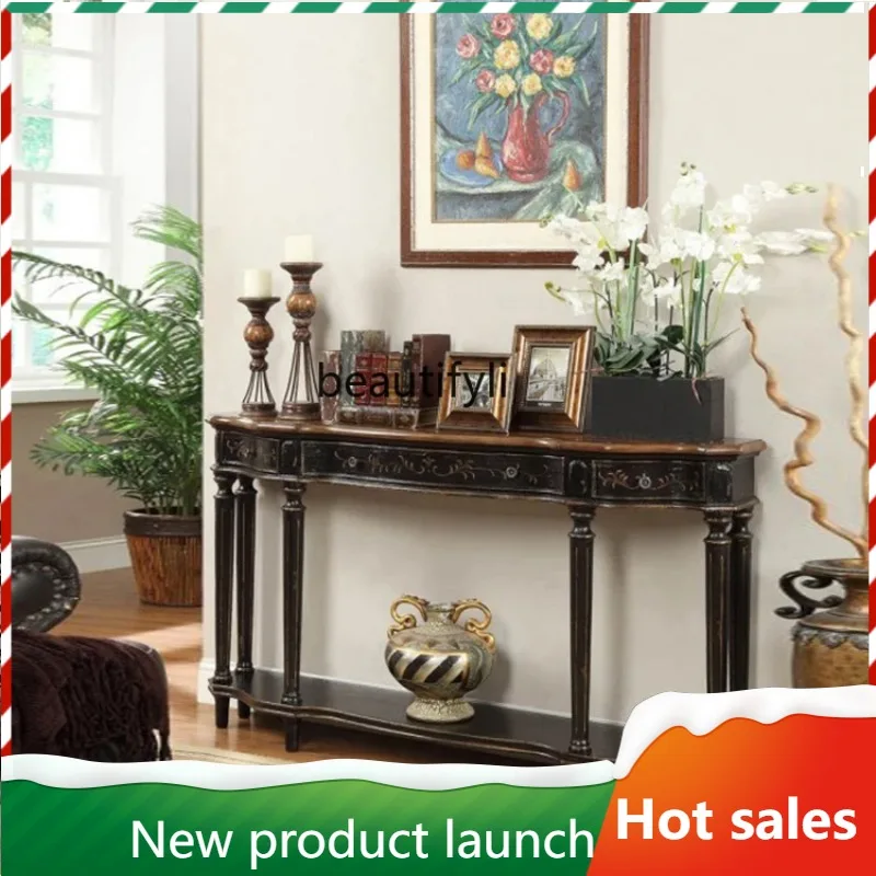 

F56 Entrance Table Long Console Table Wall-Mounted Three-Drawer Hallway Table Villa Sofa Backrest Vintage Hand-Painted