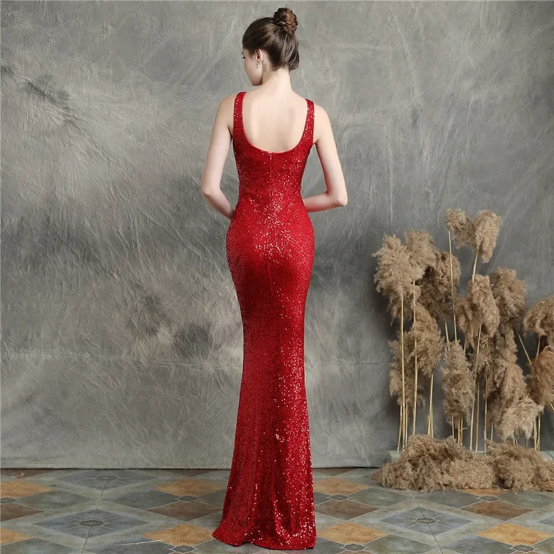 Simple Sequin Embroidered Toast Evening Gown Sleeveless spaghetti strap long evening gown