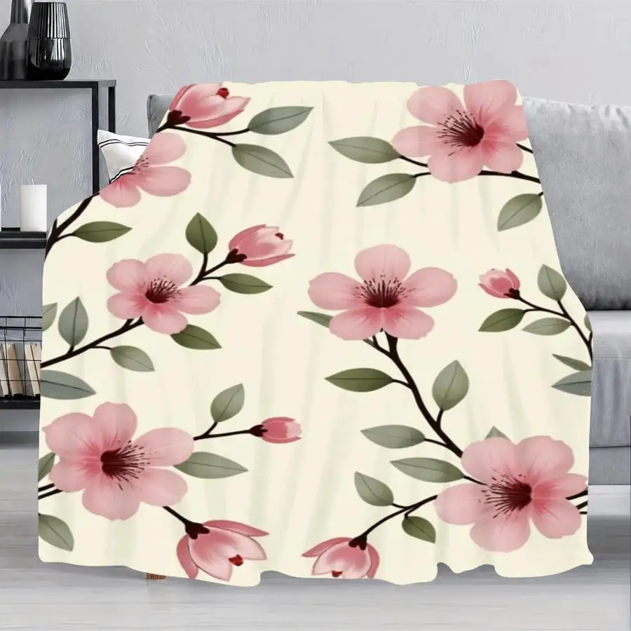 1pc Soft Flannel Plush Blanket with Delicate Pink Floral Print on Cream Beige, Cozy Large Throw for Sofa Bed Living Room Decor, Housewarming Holiday Gift, 280GSM Perfect as Home Decoration & Holiday Gift Choice.