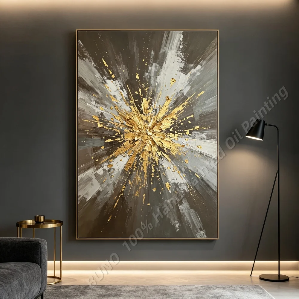 Hand Painted Abstract Oil Painting Original Luxury Gold‑Leaf Neutral Tone Home Living Room Decor Bedroom Wall Art