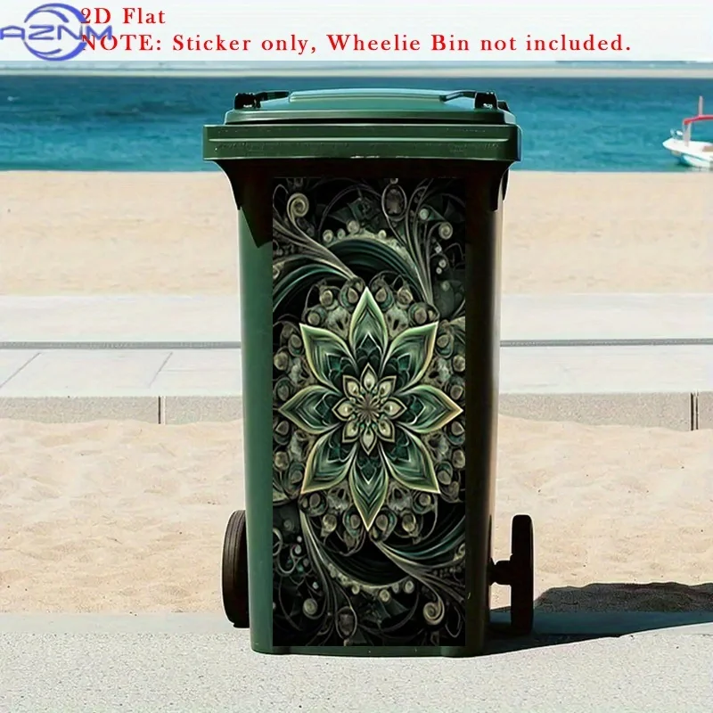 1pc Elegant Green Mandala Trash Can Stickers - Floral bin decals, Peel and Stick Waste bin decorations, for Home, Office, Bath