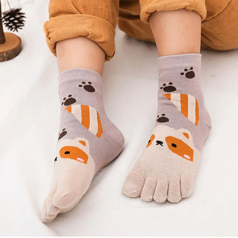 5 Pairs Children Split Toe Cartoon Socks Cute Animal Socks Kids Boys Girls Combed Cotton Five Finger Sock for 3-7-12Y Baby Gift