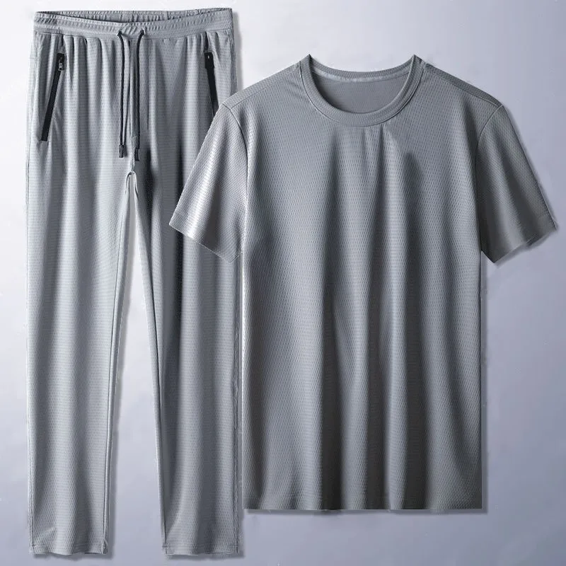 Conjunto de pijamas de seda de hielo para hombre, camiseta de manga corta transpirable y pantalones, ropa deportiva, ropa de dormir informal suelta,