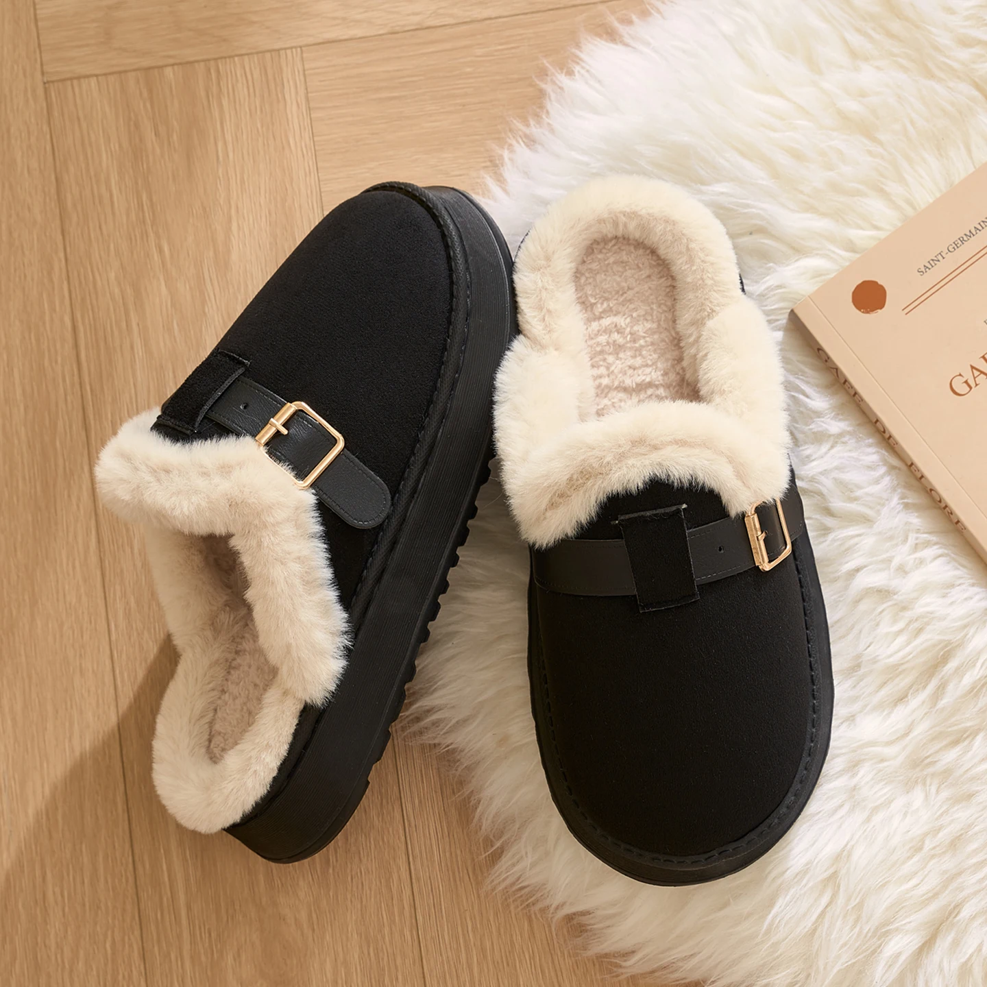 Unisex Winter Women Furry Mule Slippers, Suede-like Upper with Fluffy Fur Trim,Thick Sole Warm Slip-on Home Shoes Indoor Outdoor