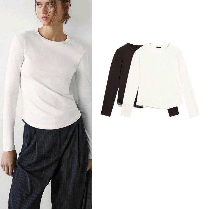 봄 신작 여성 기본 핏 퓨어 코튼 긴 소매 라운드 넥 티셔츠 이너웨어 캐주얼 편안한 피부 친화적 인 탑