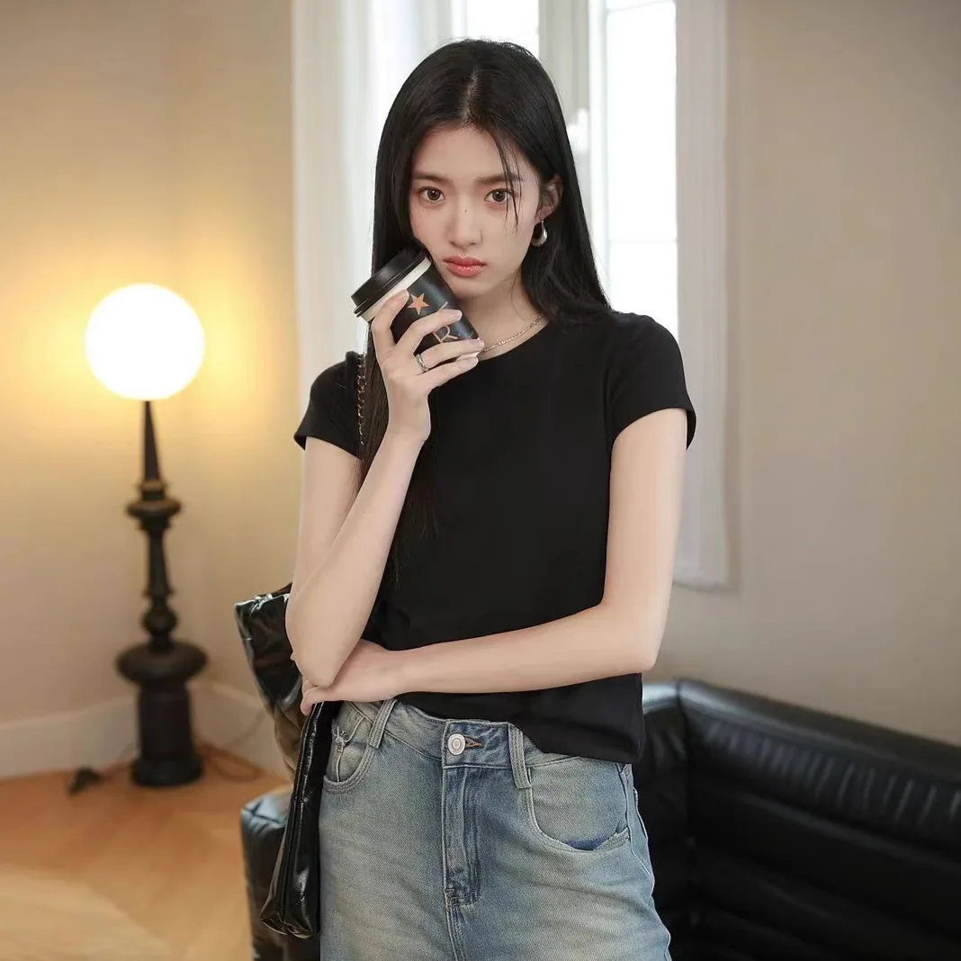 Y2K Sexy T-shirt Women Summer V-neck Tee Shirt Femme Solid Slim Short Sleeve Sport Fashion Tshirt Woman Clothes Crop Top Kpop