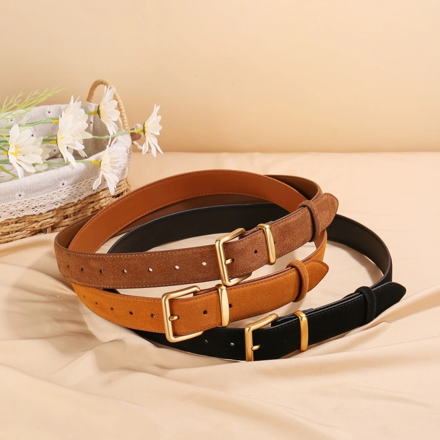 

Suede Cowhide Belt for Women with Gold Square Buckle 3.3cm Wide Leather Belts Vintage Style for Dresses Jeans