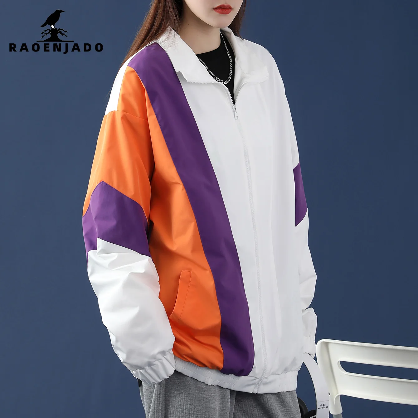 Women's Stand-up Collar Zipper Jacket Spring&Autumn Loose-Fit Coat Casual Patchwork Color-Block Breathable Mesh Lining Outerwear