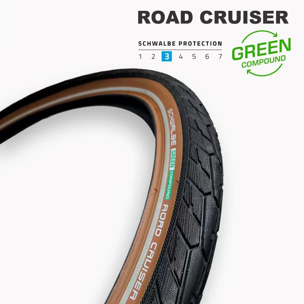 Schwalbe ROAD CRUISER Bicycle Tire 47-622 28x1.75 Steel Wited MTB Road Bike Brown Edge Tire with Reflective Strip 45-70PSI 50EPI