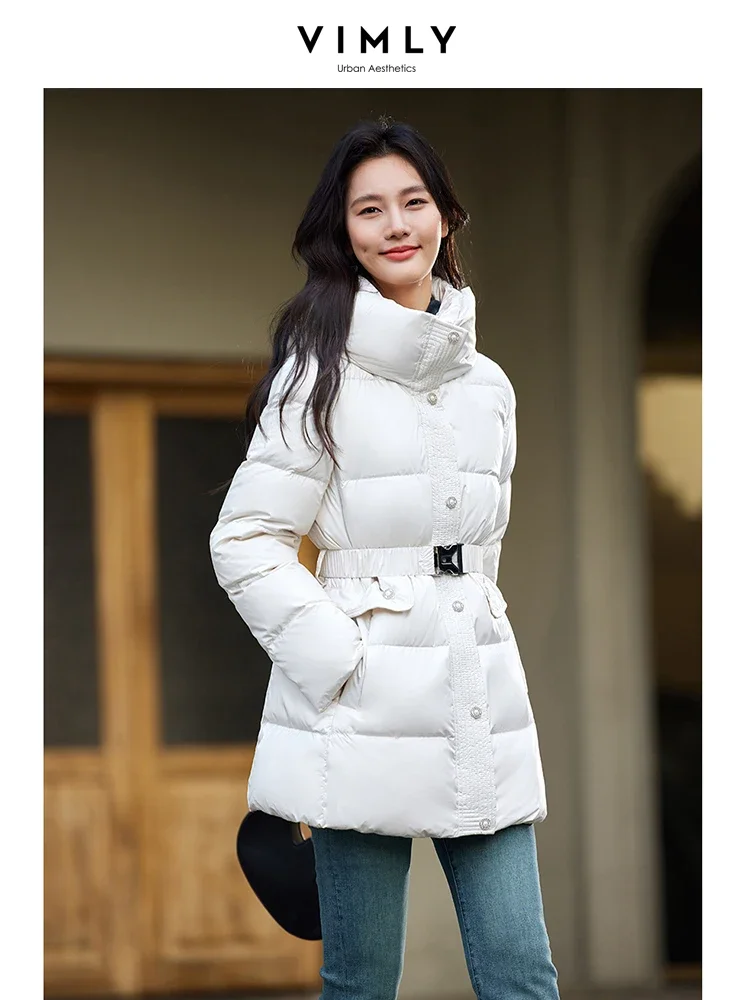 VIMLY Women Casual Puffer Duck Down Jacket Winter Simple Long Down Coats Stand Collar Hooded Thick Warm Windproof Overcoats50669