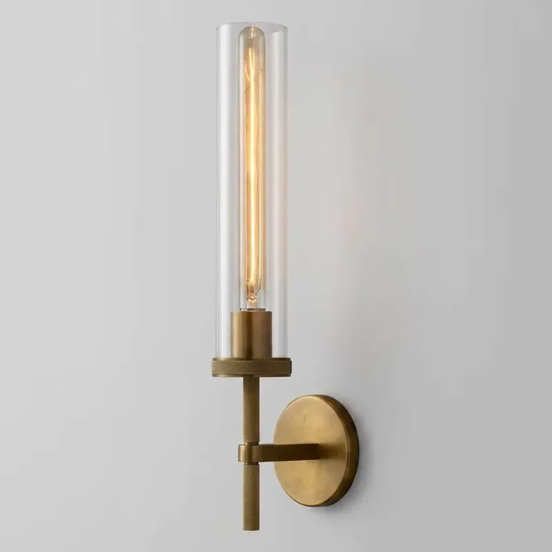 Modern retro style knurled brass wall lamp, cylindrical crystal wall lamp for bedside