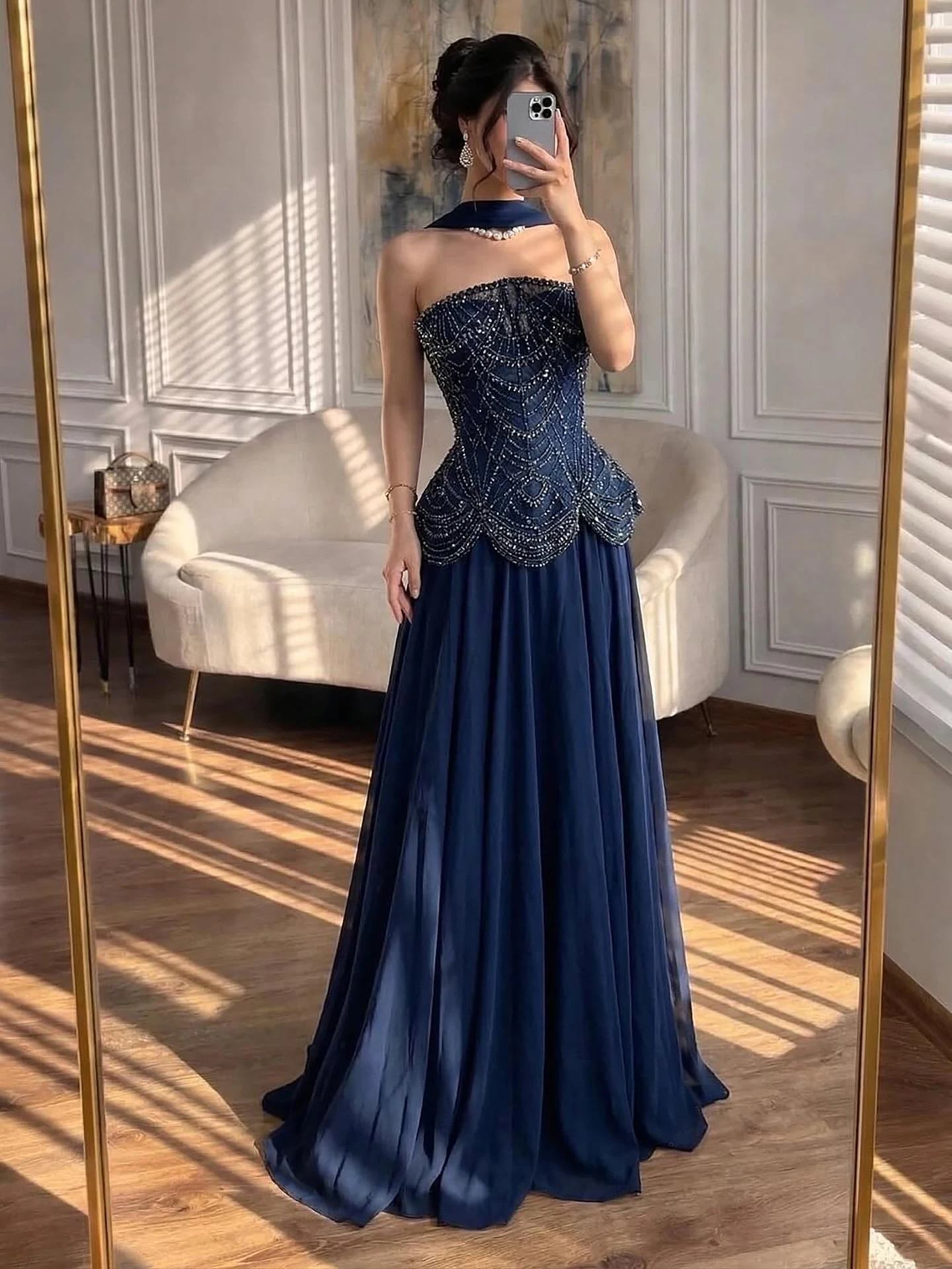 Luxury Designer Nude Beaded Chiffon Evening Dresses Gowns For Women Wedding Party Serene Hill 2025 Customized LA72915