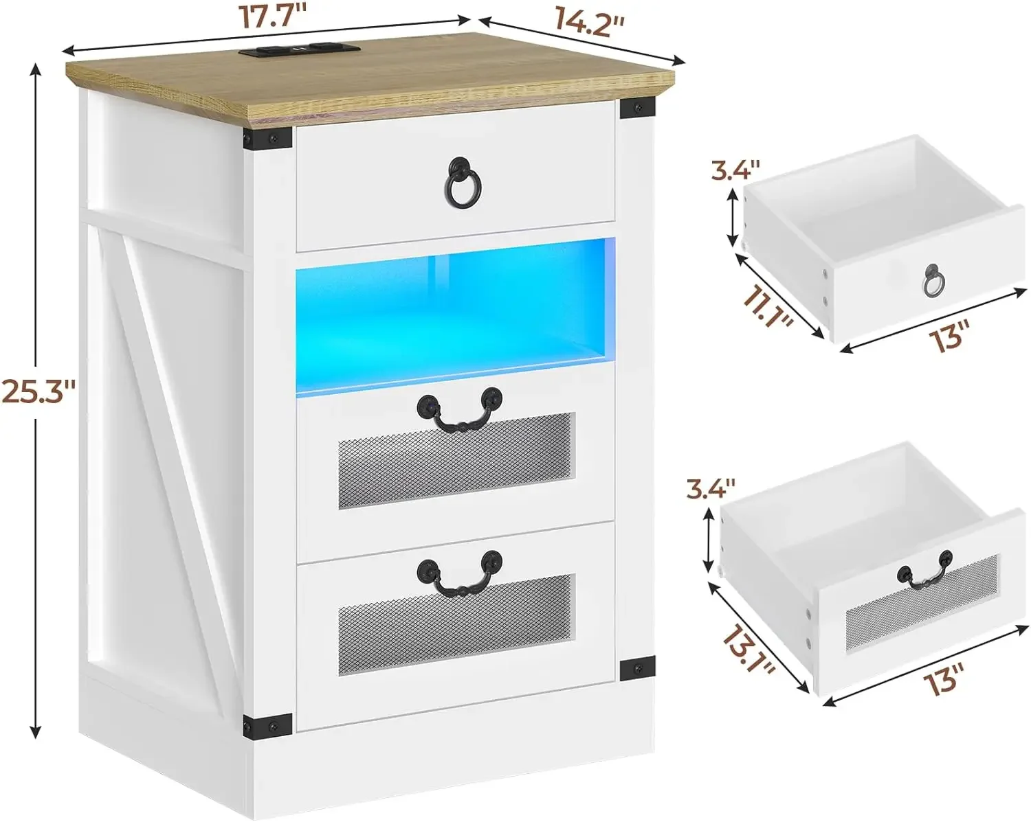 Set of 2, Farmhouse End Table with Charging Station, Bed Side Table with 3 Drawers & Open Storage