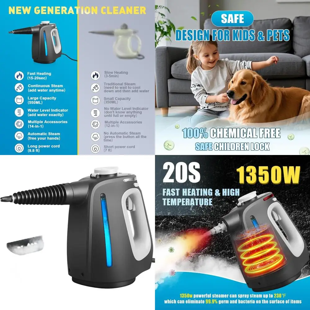 

Portable 1350W Steam Cleaner with 14 Accessories and Safety Lock for Home, Car, and More