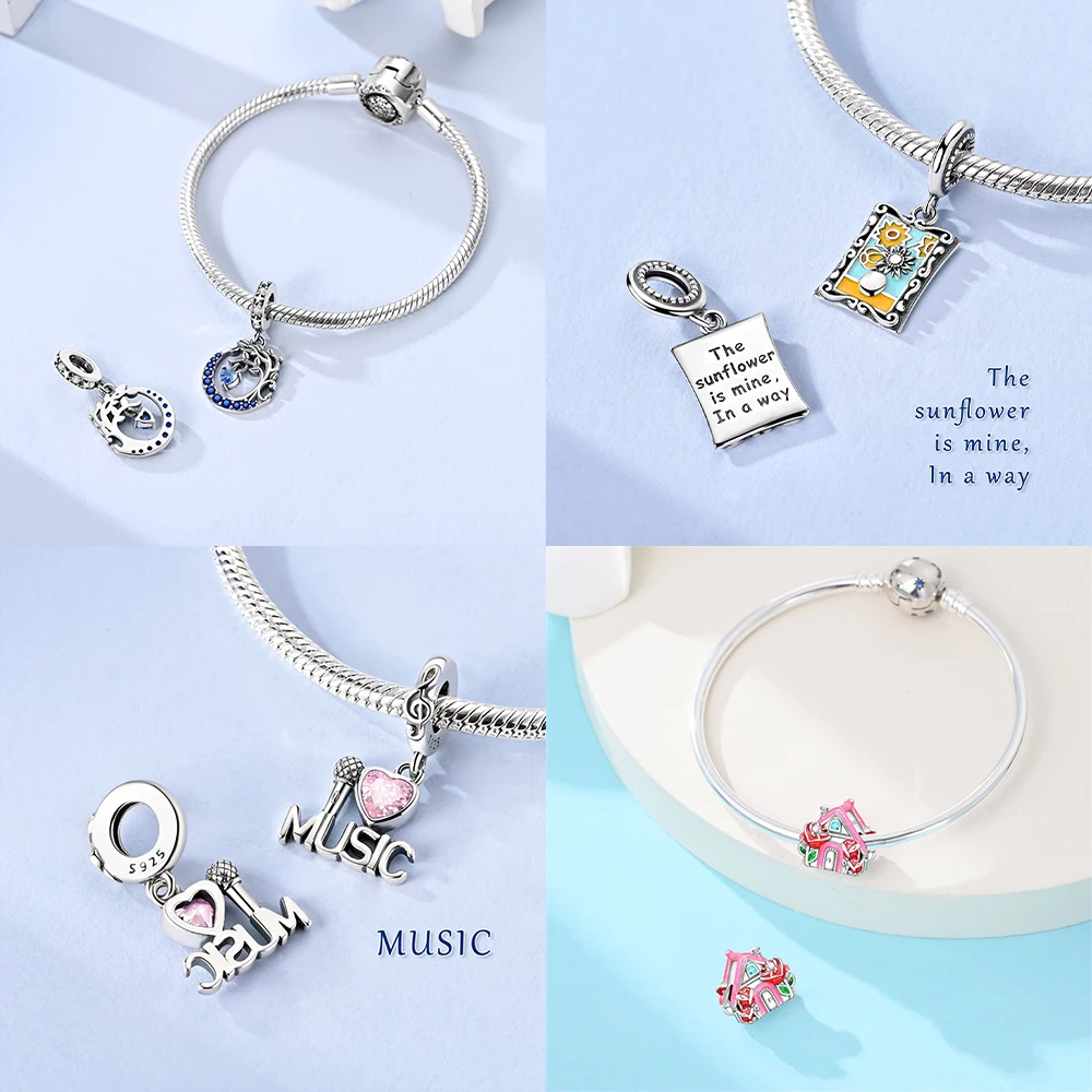 Pink Music Microphone Rose Flower Lucky Apple White Headphones 925 Silver Bead Fit Women Bracelet Diy Valentine's Gift Jewelry