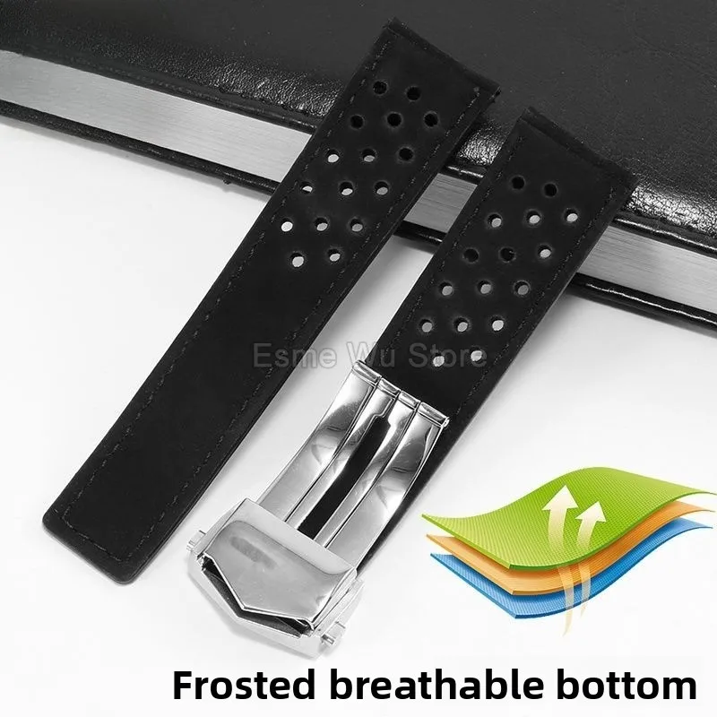 Pulseira de relógio de couro genuíno para tag heuer carrera 6 herança fosco fivela dobrável à prova dwaterproof água confortável pulseira 20mm