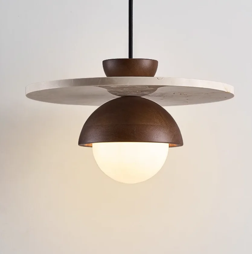 Vintage Walnut Chandelier with Wabi-Sabi Style Stone Shade for Home Office Application