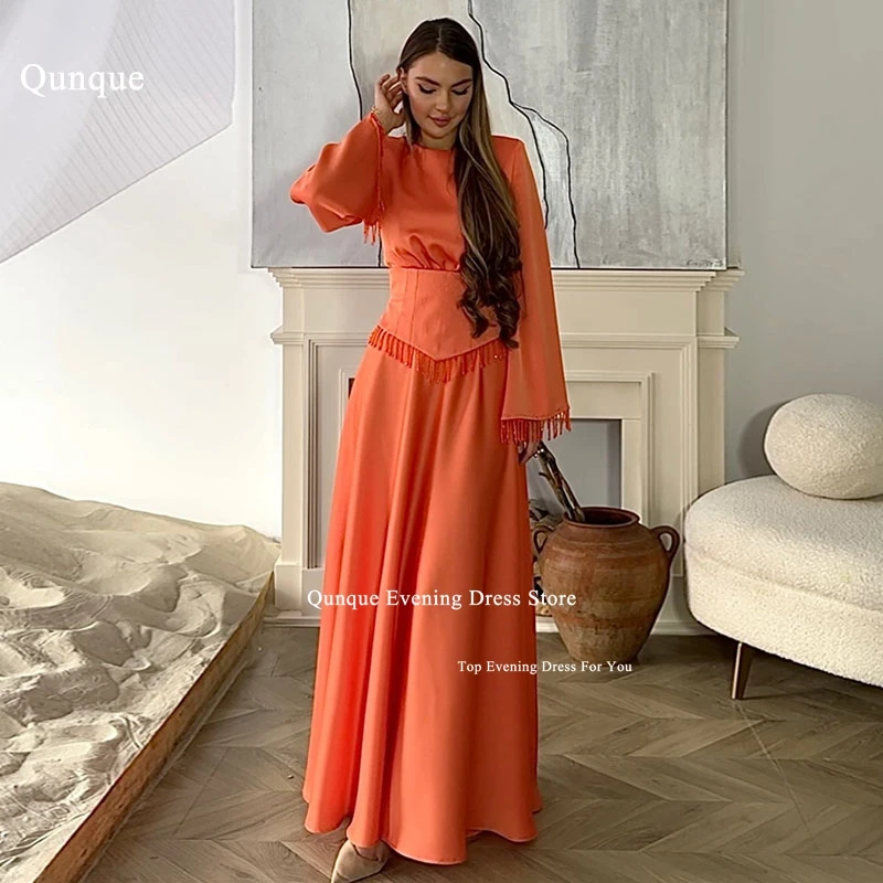 Qunque Orange Satin Prom Dresses High Neck Long Sleeves Customized Tassel Beadings Party Dresses Vestidos De Fiesta Elegantes