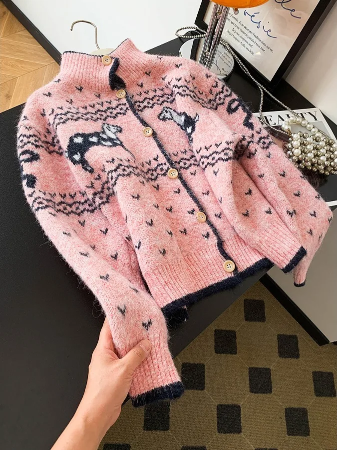 Cardigan aperto con motivo floreale lavorato a maglia dolce rosa Top Guangzhou Tredicesimo Fac Donna Autunno Inverno Camere Swe...