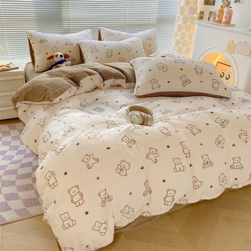 Winter Cartoon Dormitory Bedding Set Bedding Supplies Little Bear Dean Print Plush Thickened Warm Milk Velvet 1.2/1.5/1.8m