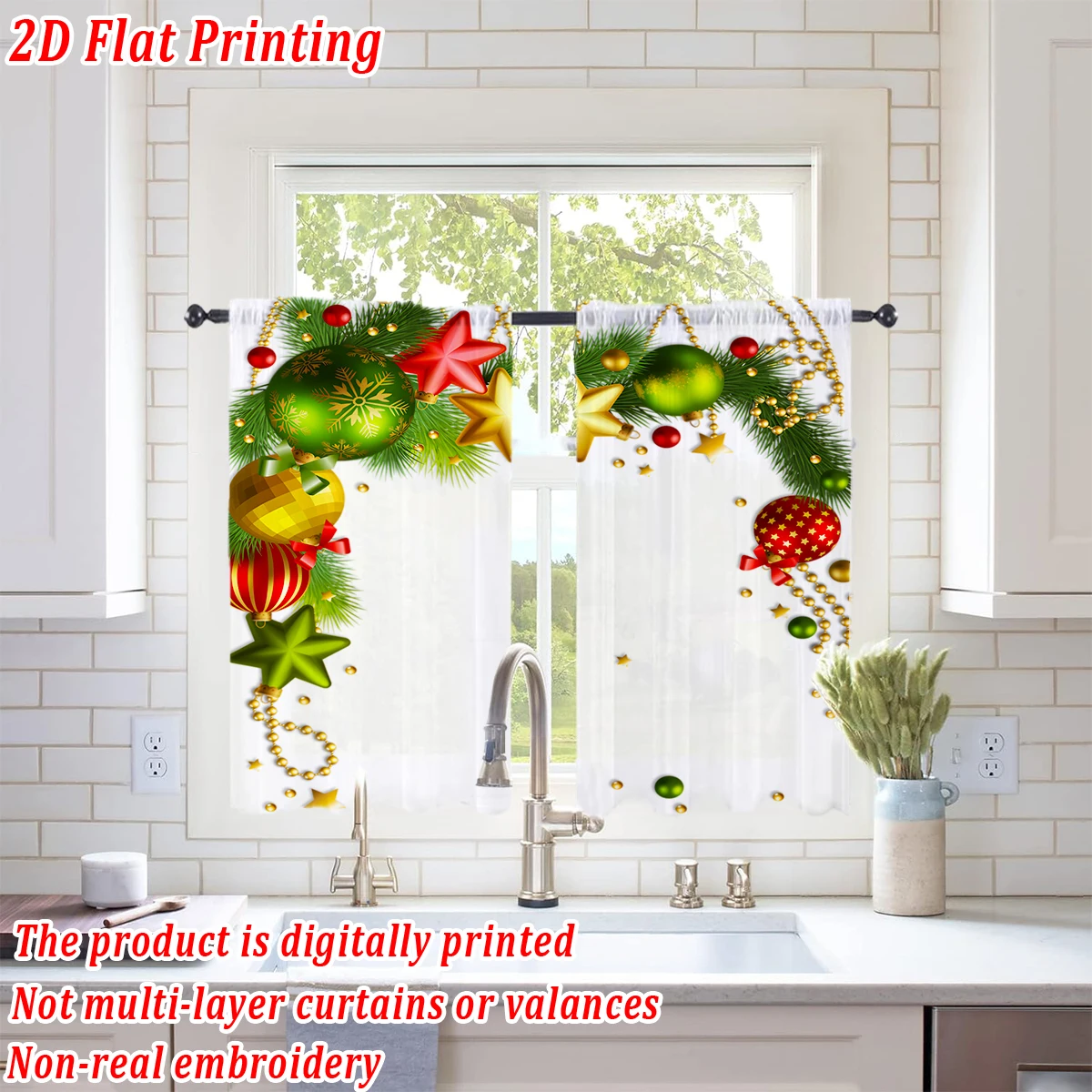 Christmas Flat Printing Kitchen Sheer Curtain with Christmas Ball Star Beading Pine Branch For Christmas Home Decor  Party