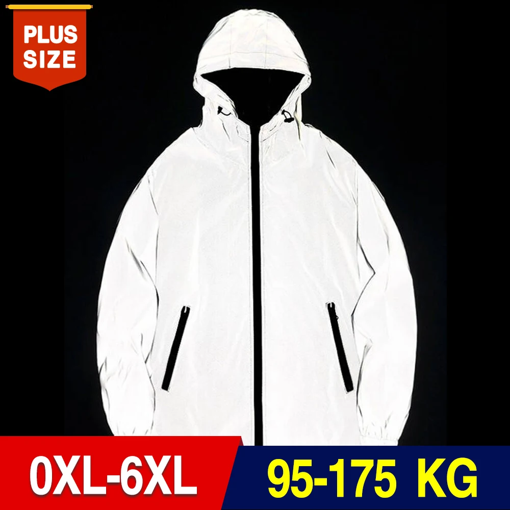 Plus Size 6XL 7XL 8XL Men's Reflective Jacket Big Size Outdoor High Visibility Hooded Windproof Coats Cycling Running Clothes