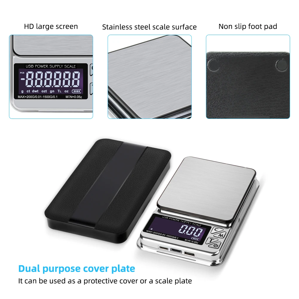 High Precision Jewelry Scale 1000g/600g/200gX0.01g Digital LCD Count Electronic Scale Stainless Pocket Kitchen Scales USB Charge