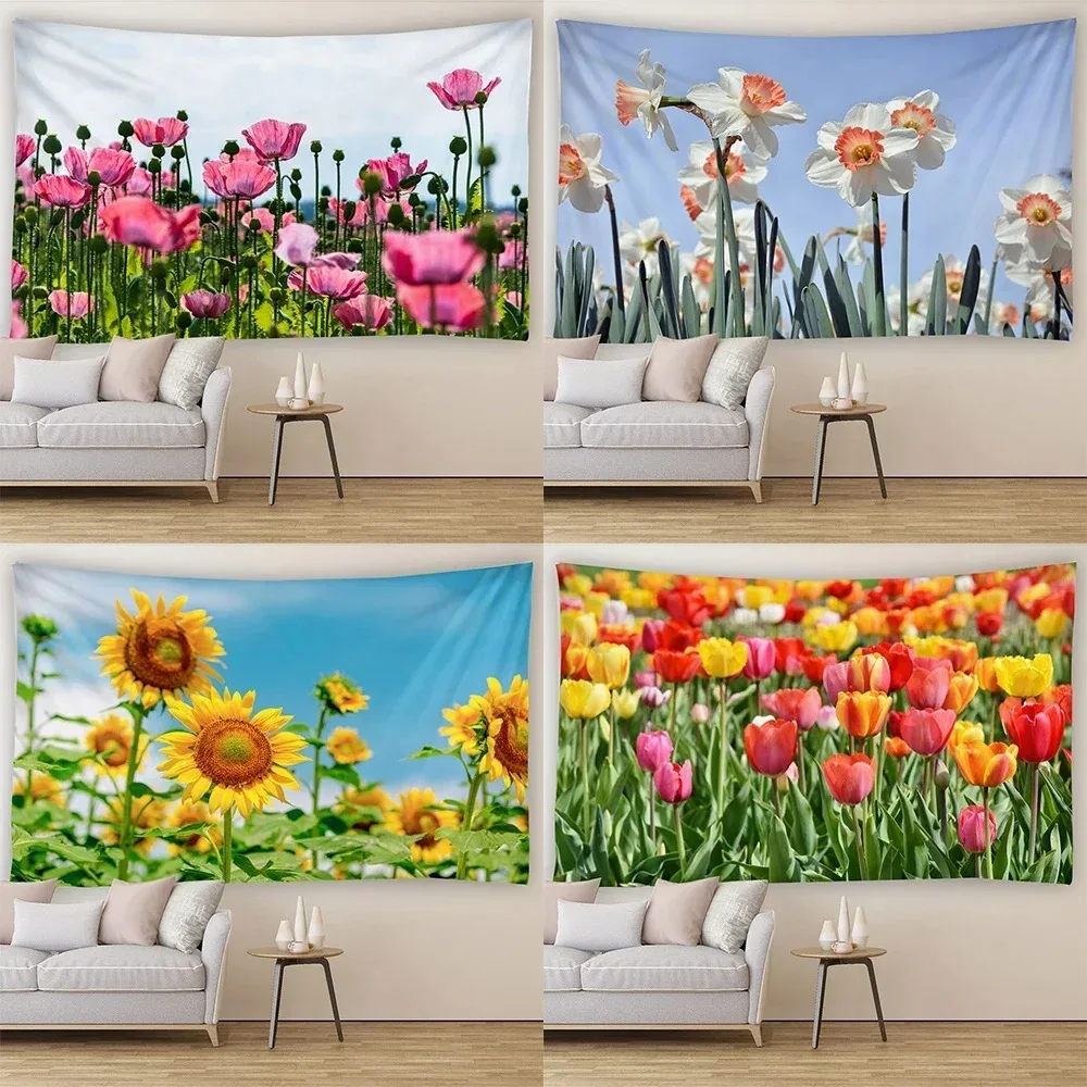 Tulip Sunflower Flowers Room Wall Decor Tapestry Home Living Room Tapestry