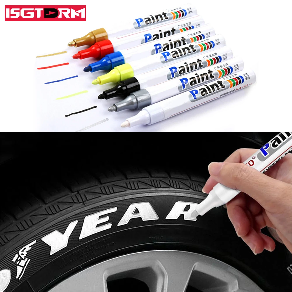 ISGTDRM 1pcs White Waterproof Cars Wheel Tire Oily Mark Pen Auto Rubber Tyre Paint Pen Cd Metal Permanent Paint Marker Graffiti