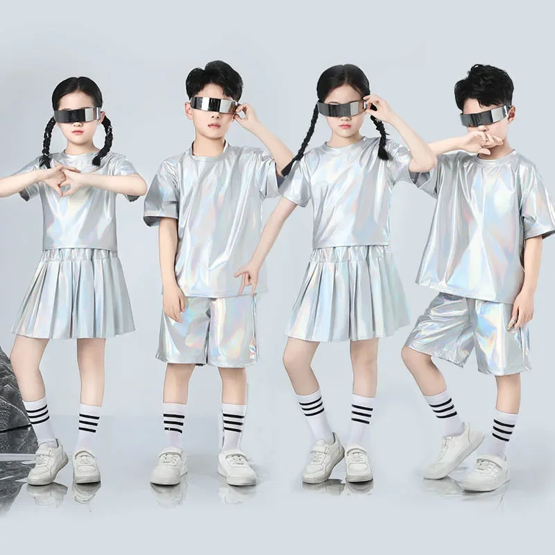 Set hip-hop per ragazzi e ragazze Costume da ballo jazz color argento Abiti da spettacolo per bambini Costume da ballo di strada di moda